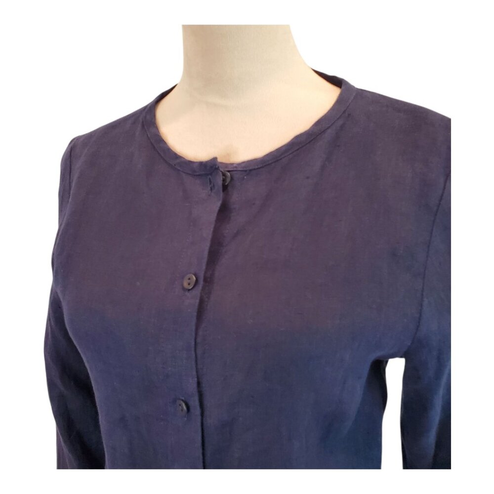 FLAX SZ P (4-6) Women's Long-sleeve Button Down Midnight Blue Linen Blouse Top - Picture 3 of 11